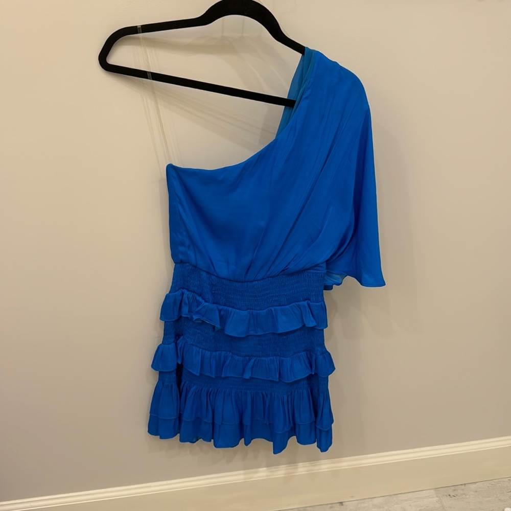 One Shoulder Blue Ruffle Dress
